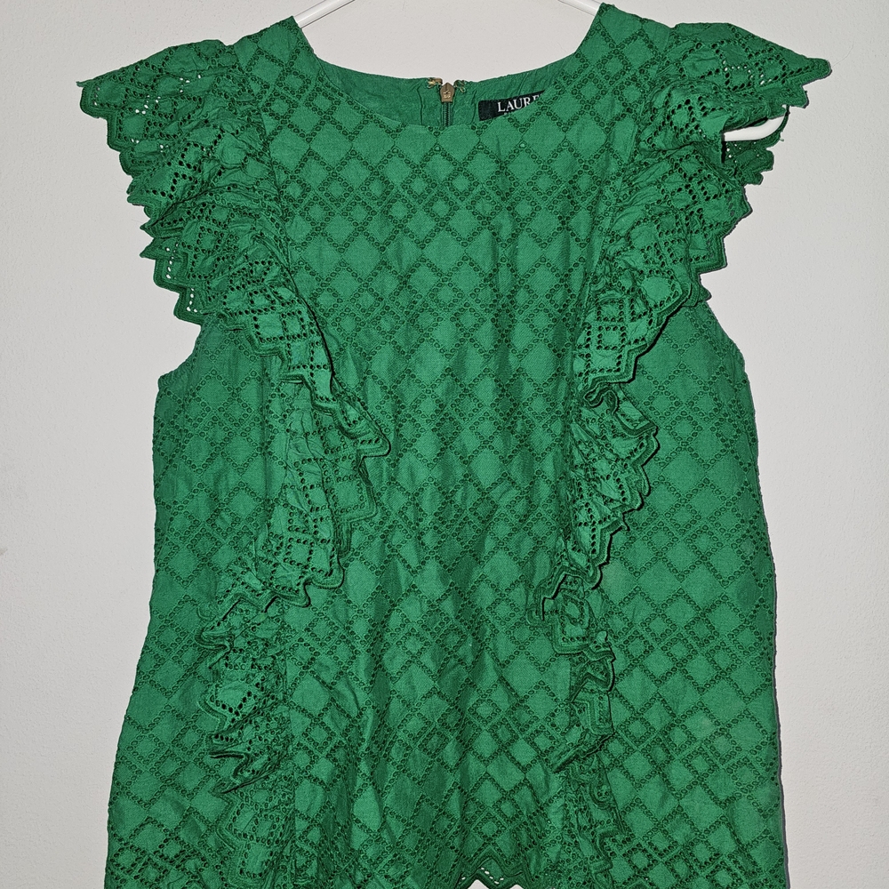 Ralph Lauren Women's Green Eyelet Cotton Top w/ Detailed Gold Zipper Sz S